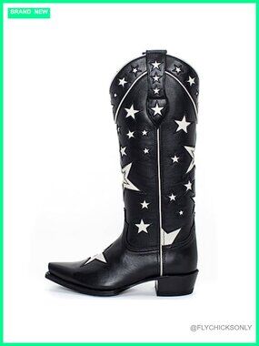 Women's Western Boots with Star Embroidered Wide Calf Knee High Pull-On